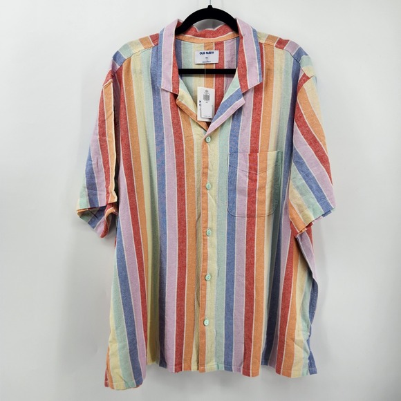 Old Navy Mens XXL Rainbow Stripe Soft Weave Button Up Camp Shirt Top - Picture 1 of 6